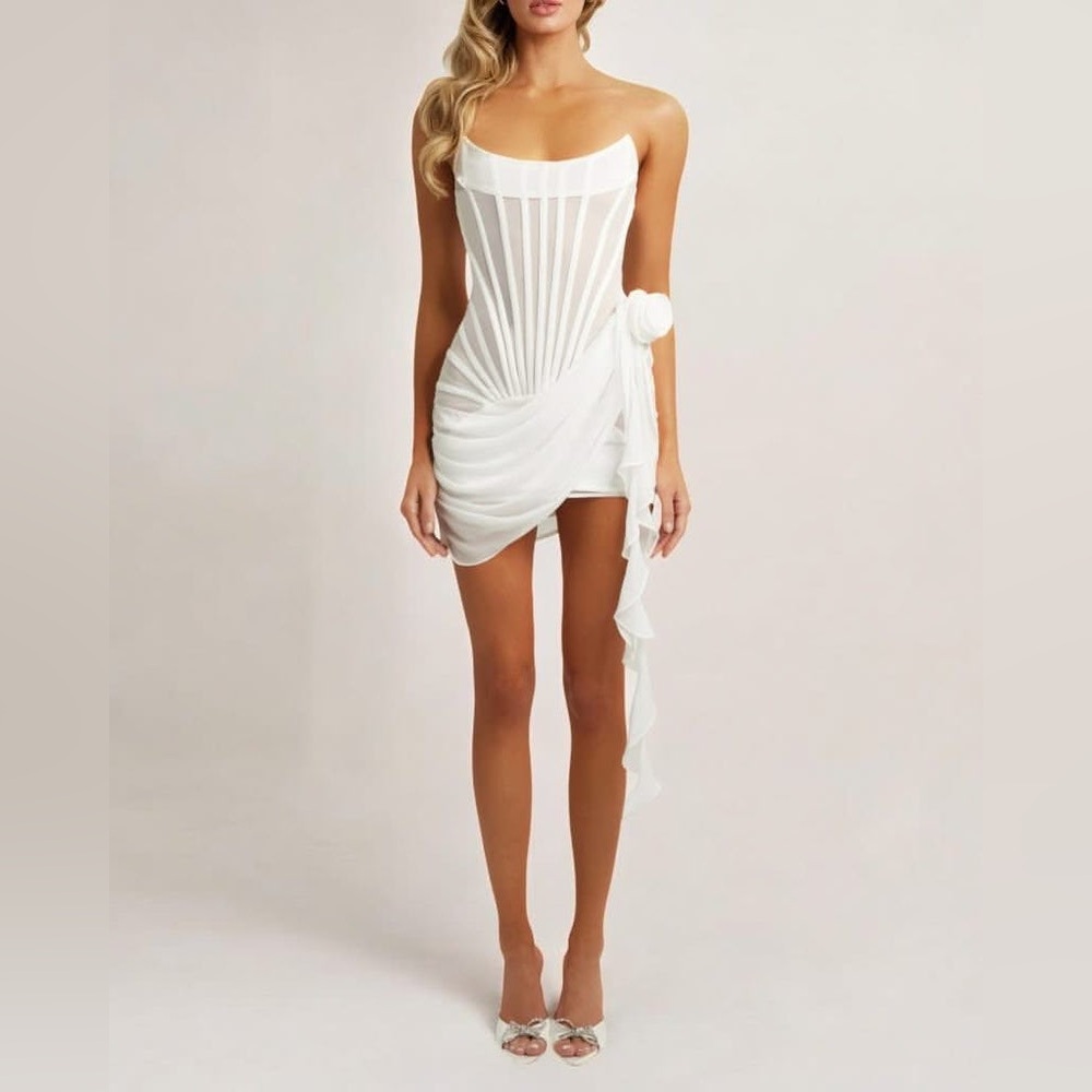 Heiress Beverly Hills WHITE CHIFFON MESH CORSET FLOWER DRAPE MINI DRESS